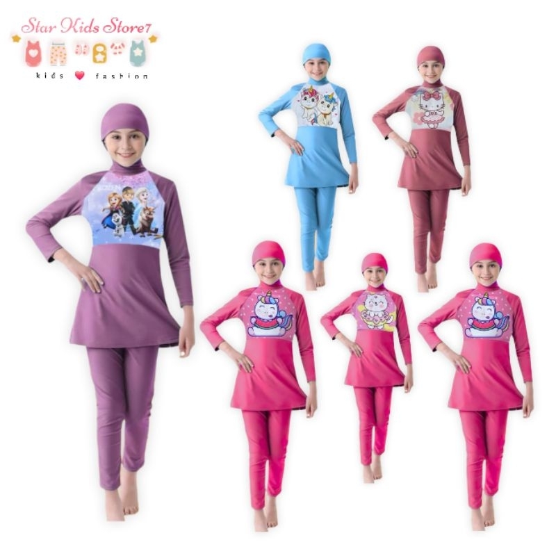 baju renang hijab anak perempuan usia 3-13 tahun stelan baju renang anak perempuan