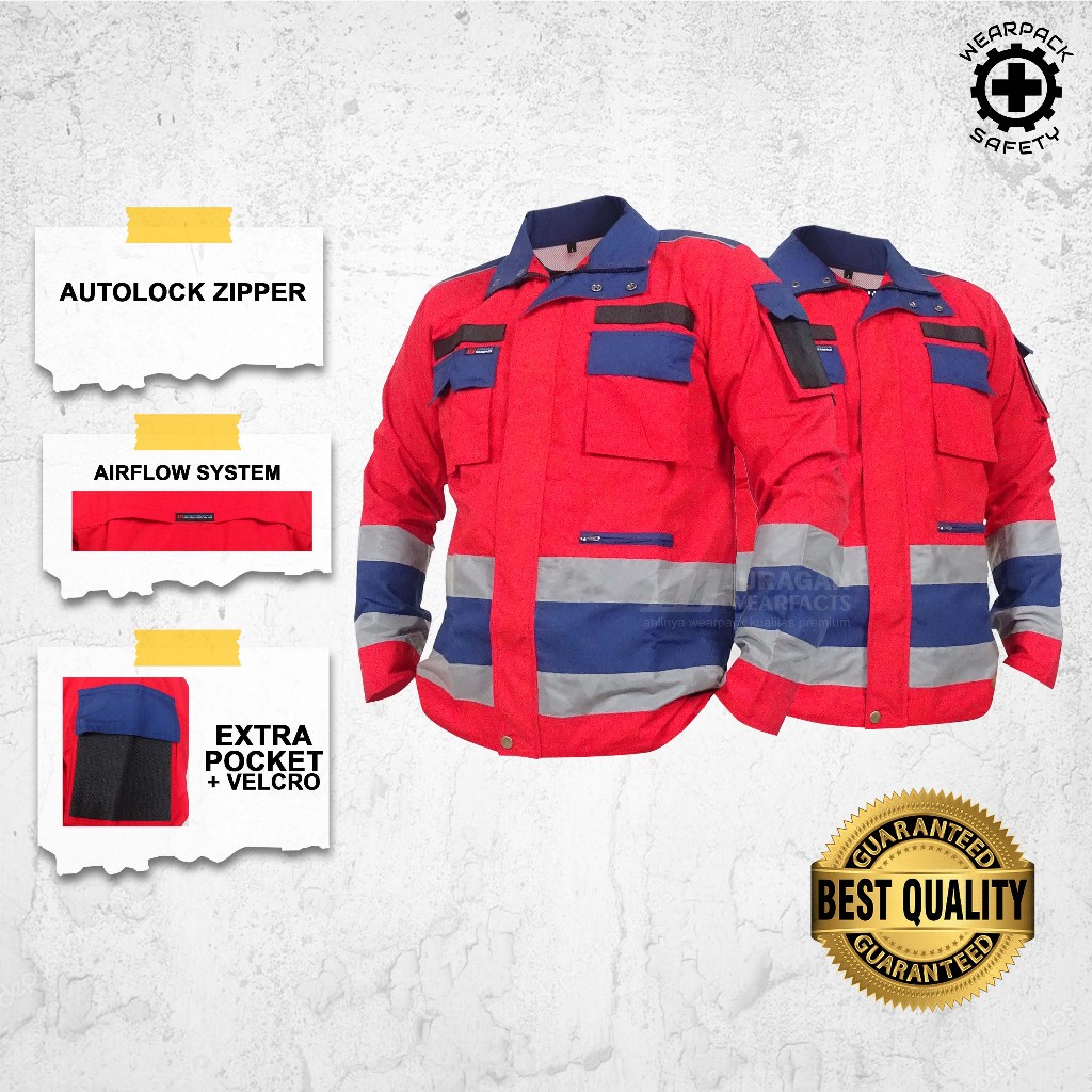 Wearpack Atasan/Baju Safety K3 Tactical Warna Merah Kombinasi Biru Navy