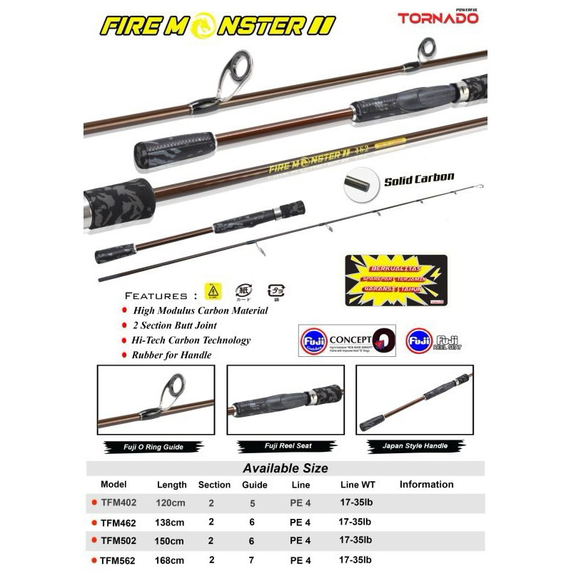 Joran Spinning TORNADO FIRE MONSTER II 120CM - 168CM Bahan Solid Carbon Ring Guide Fuji Reel Seat Fu