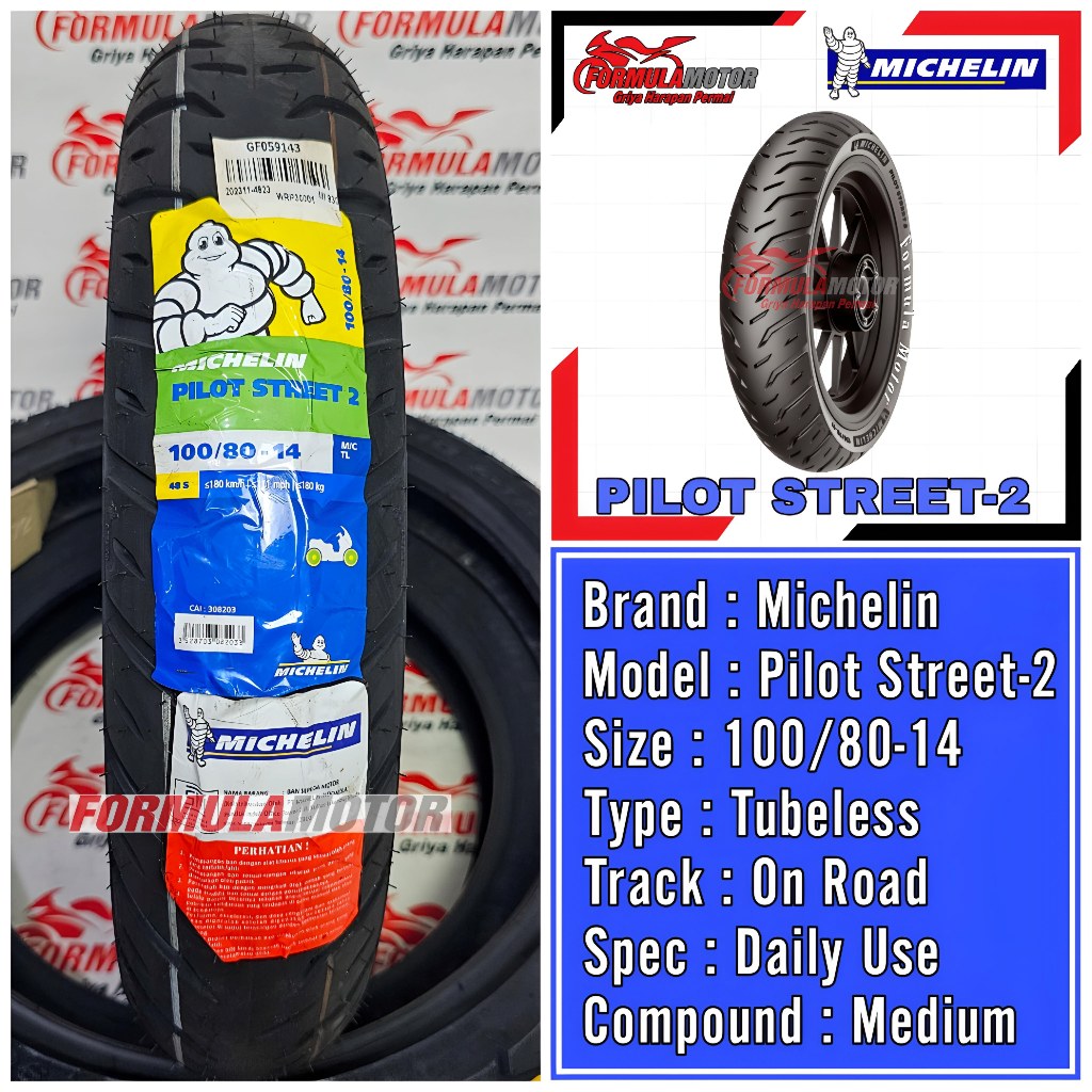 100/80-14 Michelin Pilot Street-2 Ring 14 Tubeless - Ban Belakang Motor Vario-150, Beat, Scoopy Upsize Super Premium Tubles