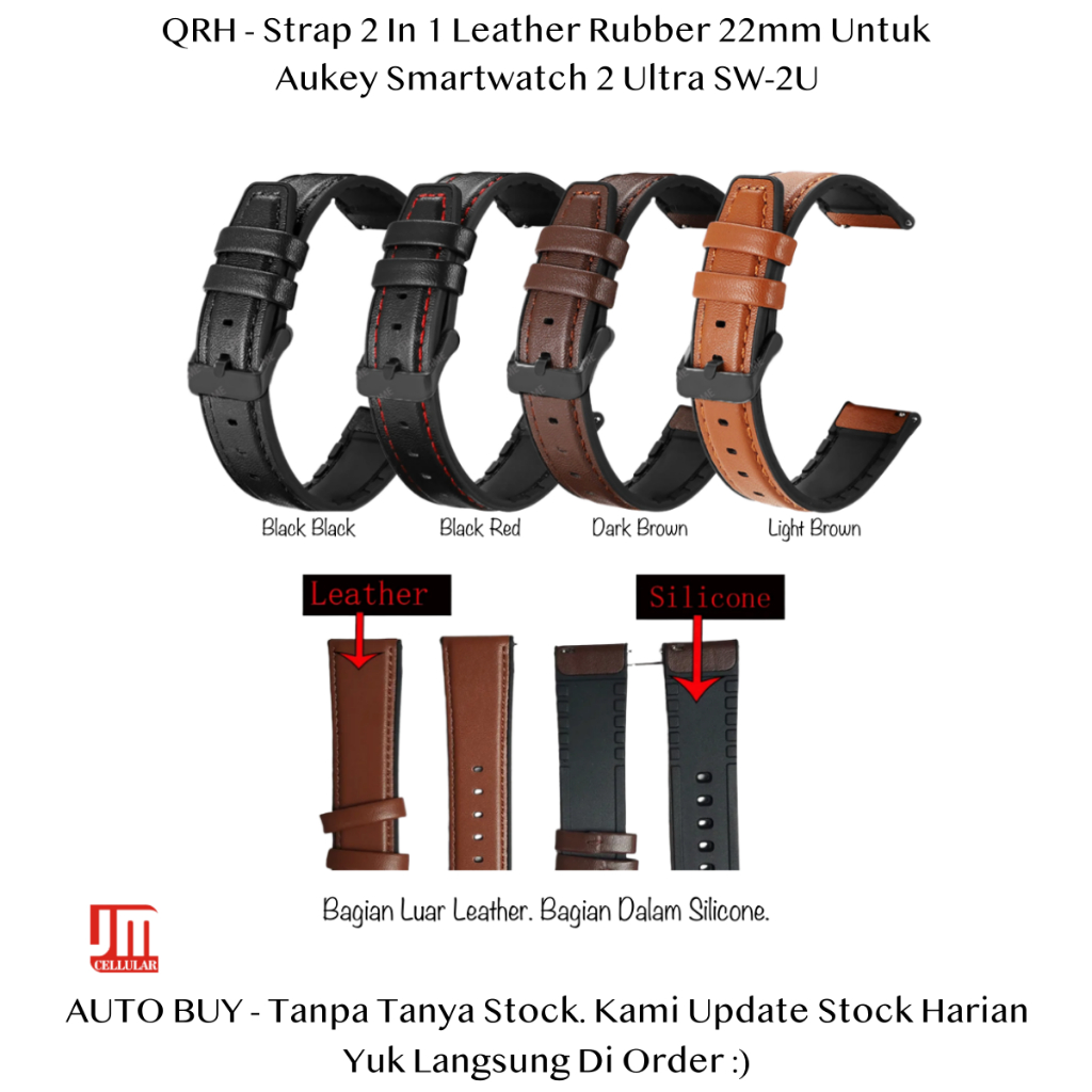 QRH 22mm Tali Jam Kulit Untuk Aukey Smartwatch 2 Ultra SW-2U - Leather Strap Rubber Sporty