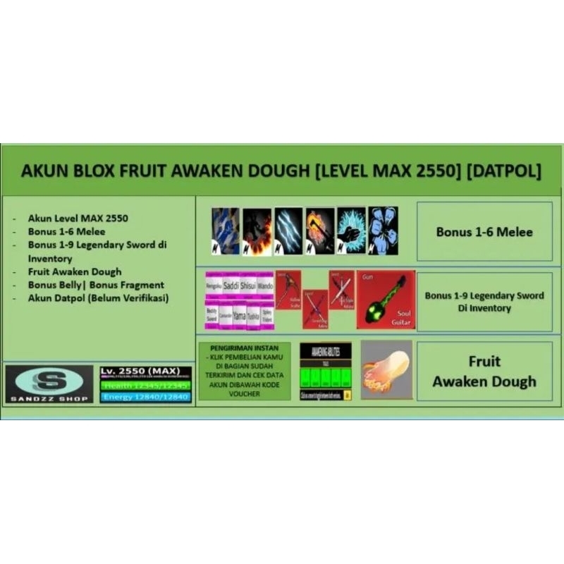 Akun Blox Fruit FULL AWAKEN DOUGH [Level MAX] [Datpol]