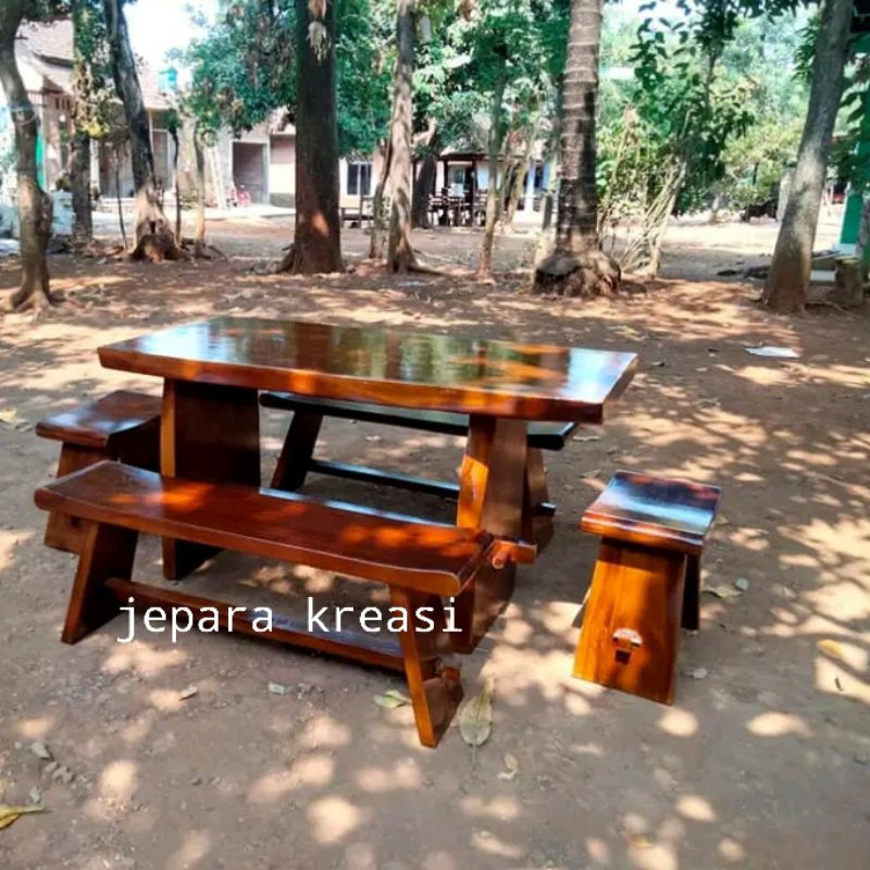 meja makan kayu solid trembesi, set meja makan cafe trembesi solid