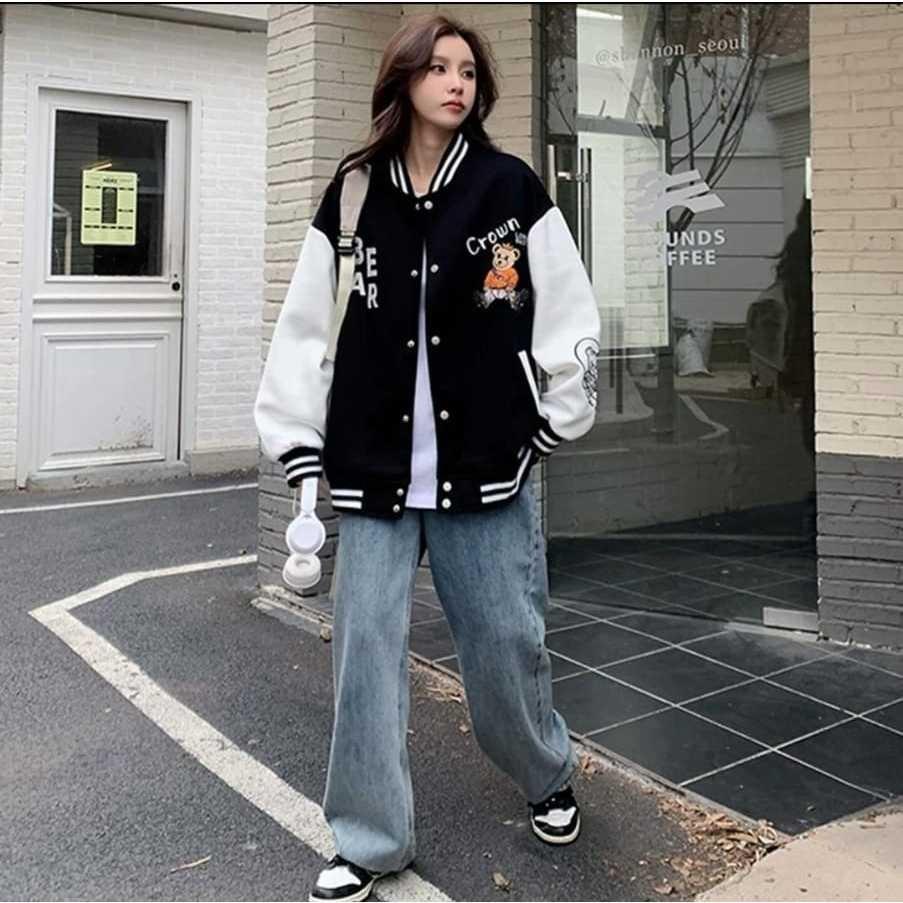 JAKET VARSITY BASEBALL - CROWN BEAR JACKET - VARSITY KOREAN STREET STYLE