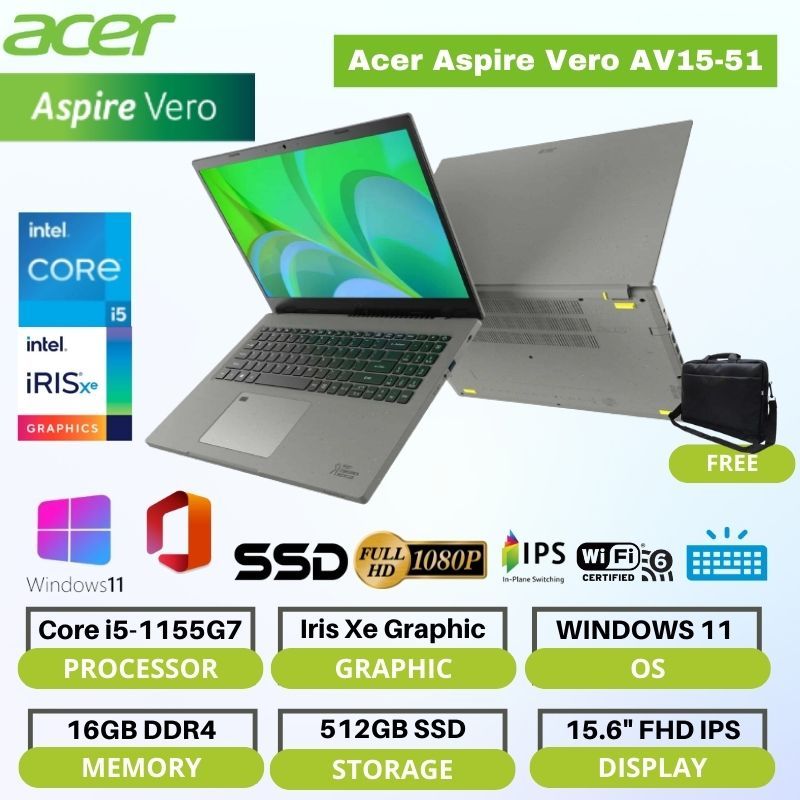 ACER ASPIRE VERO AV15-51-53ZJ CORE I5-1155G7/16GB/512GB/15.6 FHD/FP/WIN11/VOLCANO GREY