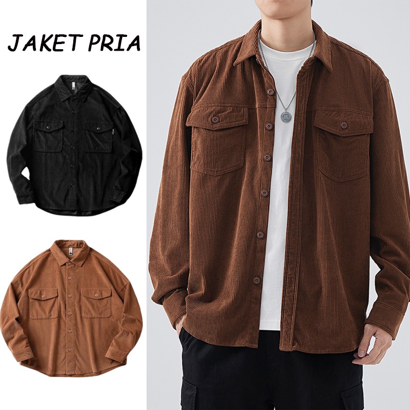 Jaket Korduroi Pria Vintage Oversize Korean Style Lengan Panjang Warna Solid Atasan Kekinian Corduro