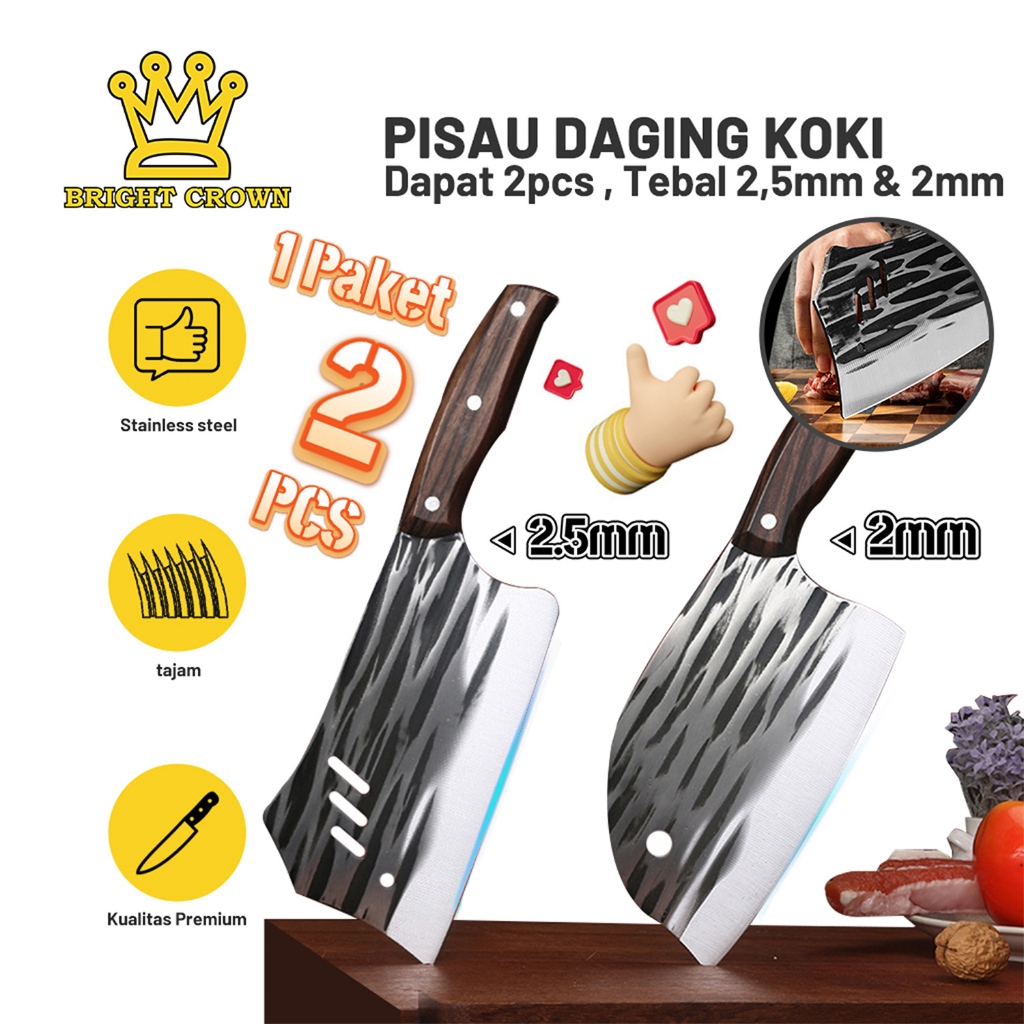 Bright Crown Set Pisau Koki Dapur Super Tajam Stainless Gagang Kayu / Golok Cacah Daging dan Tulang