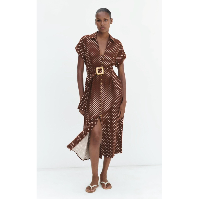 ZARA LINEN BLEND POLKA DOT MIDI DRESS