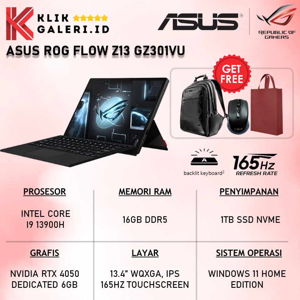 Laptop Detachable 2in1 Asus ROG Flow Z13 GZ301VU Intel i9 13900H 16GB 1TB SSD RTX 4050 Layar 13.4 In