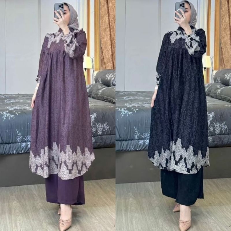 Setelan Azalea Oneset Long Tunik Azkiya Rayon Diamon Setelan Kekinian