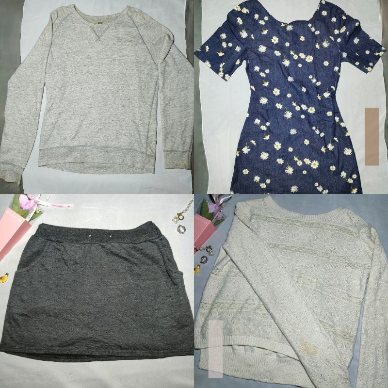 Preloved dress navy bunga, rok pendek hitam, rajut putih, sweater abu oversize,