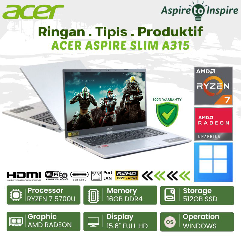 Laptop Design Gaming Acer Aspire 3 A315-44P-R9GQ Ryzen 7 5700U, 16GB, 512GB SSD, Radeon AMD, 15.6" F
