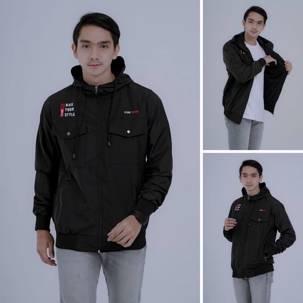 JAKET SEMI PARKA BOLAK BALIK WATERPROOF BLACK JAKET PARASUT PRIA ANTI AIR ANTI ANGIN HOODIE COWOK HI