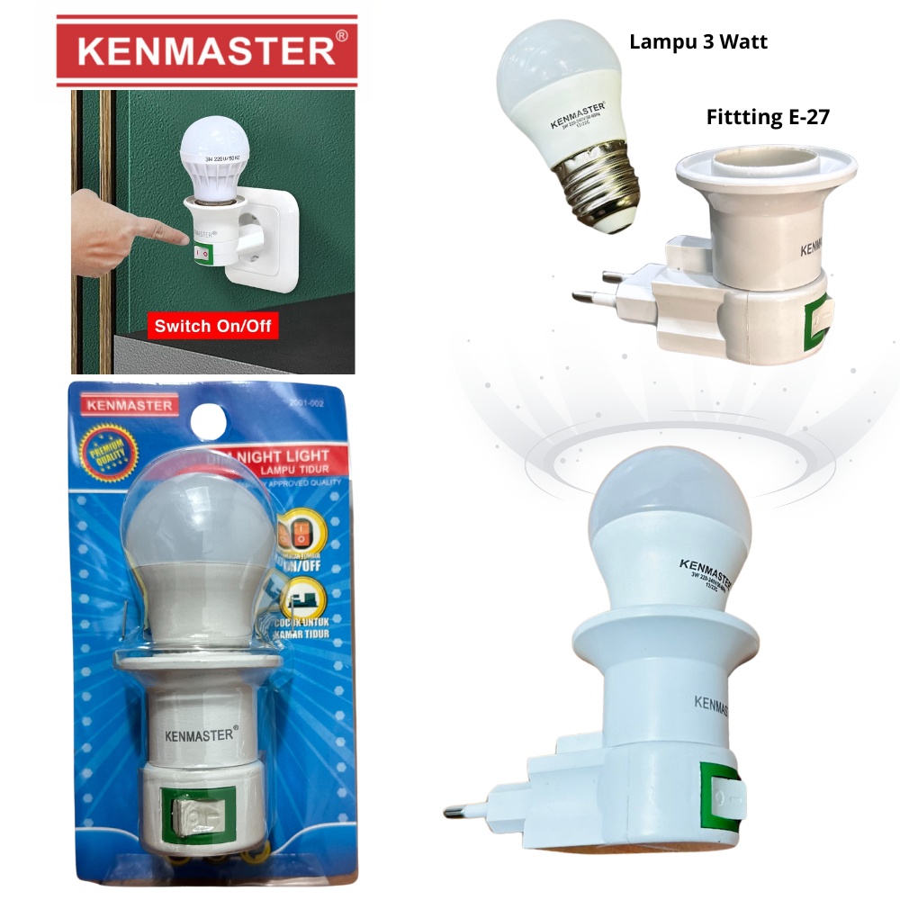Lampu Tidur Dim Night Light Colok Dinding Fitting dan Lampu 3 Watt Kenmaster