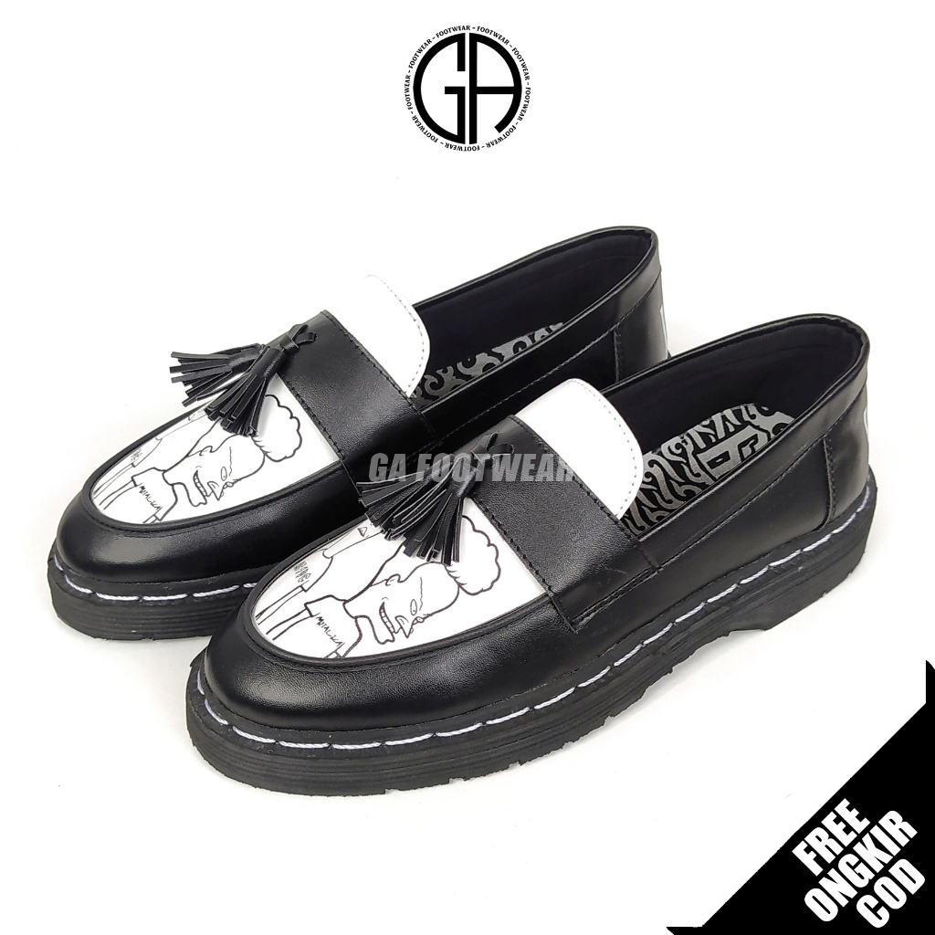 GA FOOTWEAR Beavis - Sepatu Formal Casual Loafers Pria Keren Hitam Putih