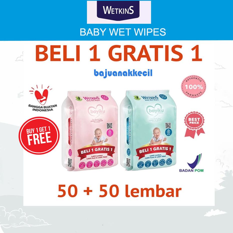 Wetkins Buy 1 Get 1 Baby Wet Wipes Isi 50 Lembar Tisu Basah Bayiku Tissue Promo Ganti Popok Bayi