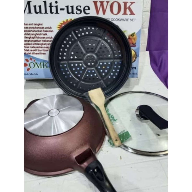 Panci wok +  steamer omicko multi use wok non stick  marbel Anti lengket Bahan tebal Ukuran 32 cm