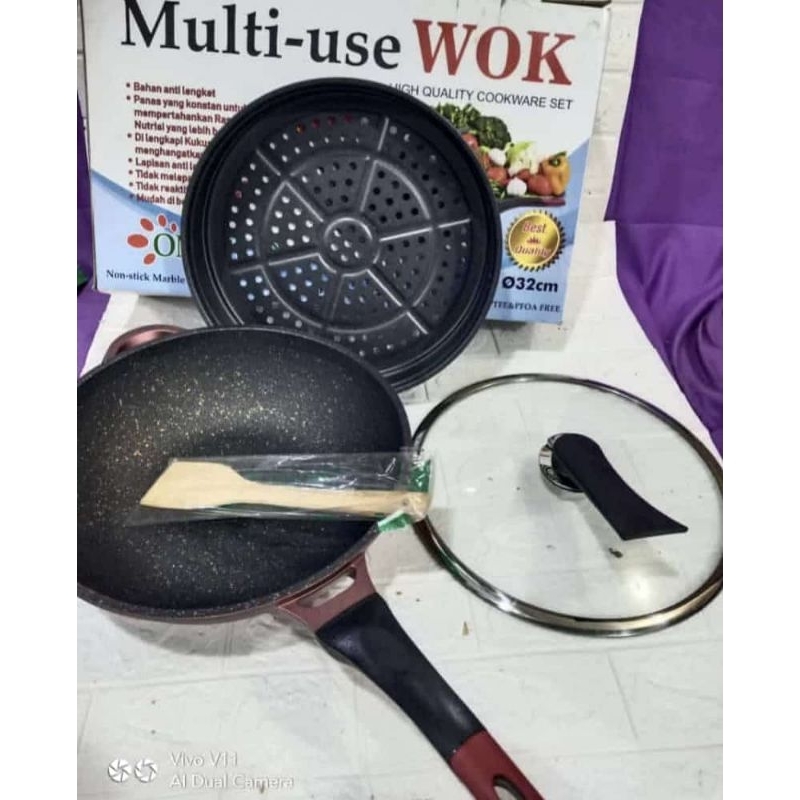 Panci wok +  steamer omicko multi use wok non stick  marbel Anti lengket Bahan tebal Ukuran 32 cm
