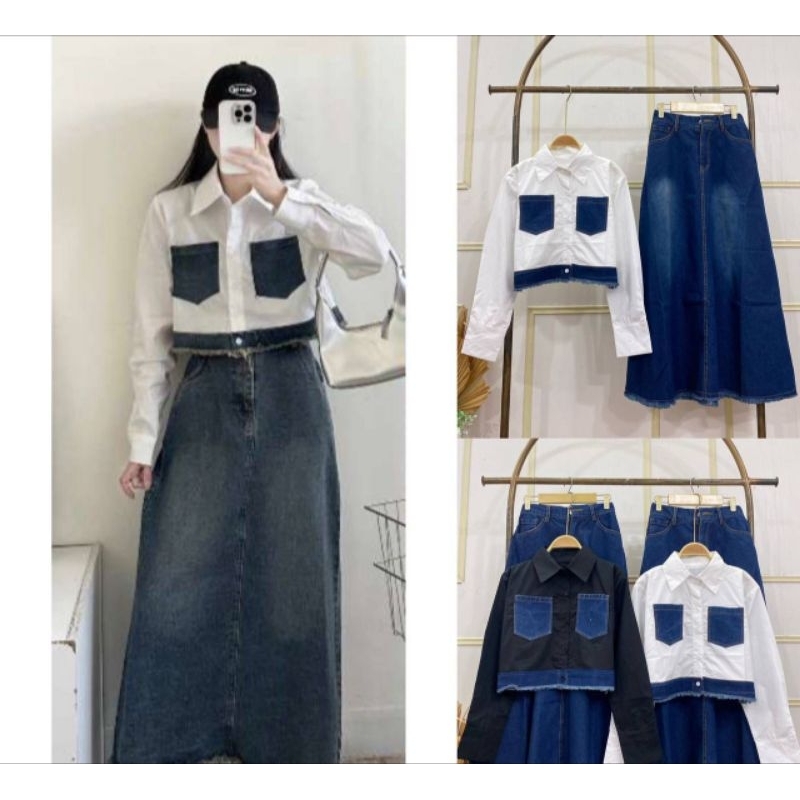 23391 Stelan Rok Jeans Wanita Premium/One Set Jeans Polos Variasi Crop Top Kemeja Lengan Panjang Mix