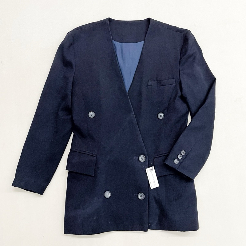 JAS BLAZER FORMAL WANITA NAVY  FURING  OUTER BAJU KERJA VINTAGE LENGAN PANJANG