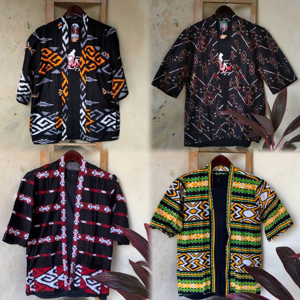 Wolv Kimono Outer Unisex Loose Casual Lengan Pendek Outer Cardigan Pria Etnik Tenun Paket Hemat Ori 