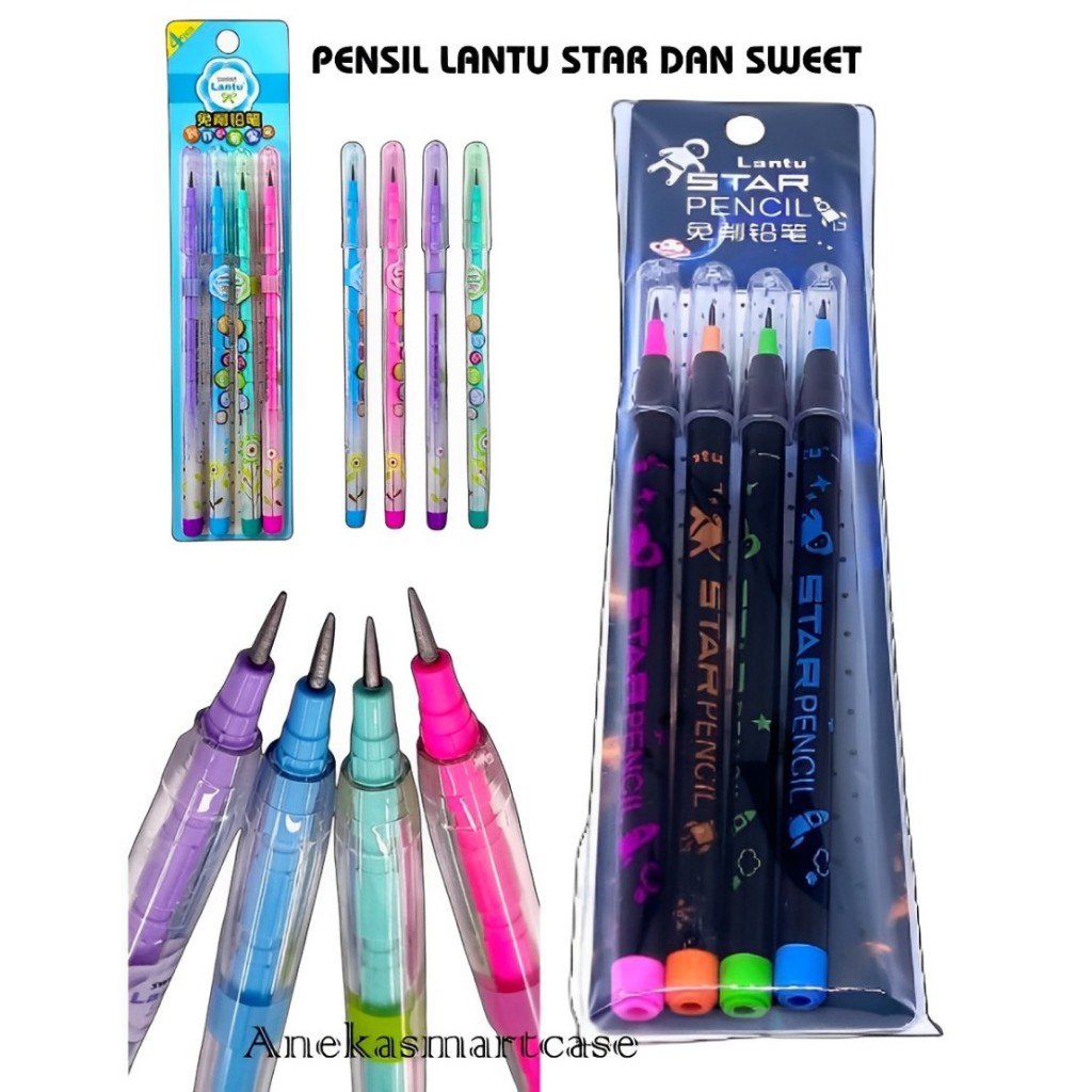

[ANEKA] 1 SET ISI 4 pcs Pensil Tanpa diserut Lantu Star dan Pensil Lantu Sweet Dalam 1 Pensil Terdapat 10pcs isi Pensil Ketebalan Pensil 2B