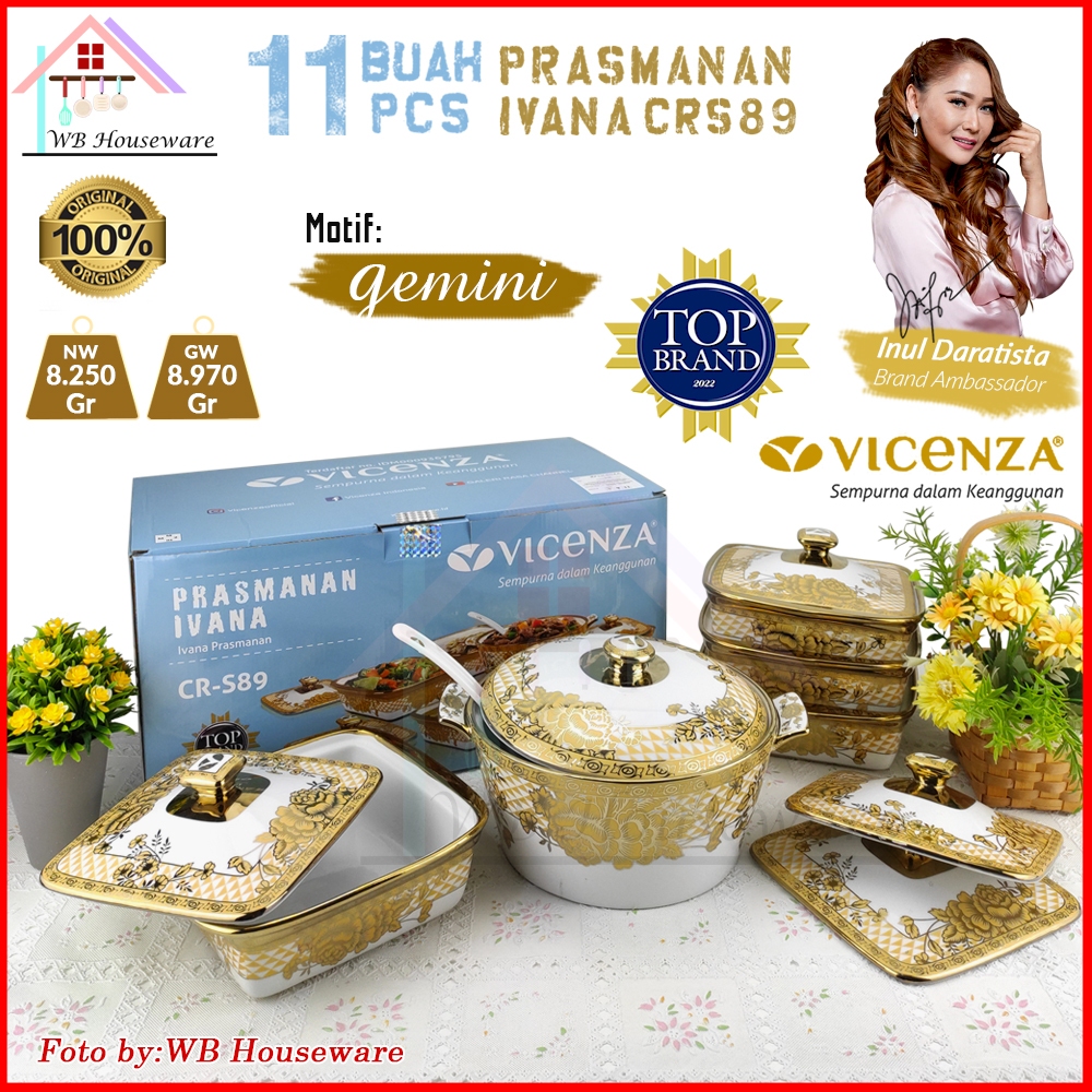 VICENZA 11pcs prasmanan set motif gemini segi + bulat keramik + sendok sayur / wadah saji makan / ca