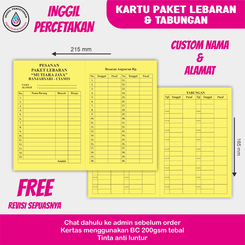 Kartu Arisan Lebaran/Paket Lebaran/Kartu Iuran/Custom Cover + Tabel/Kolom