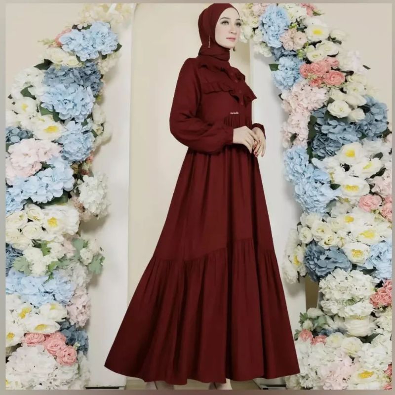 Nayara Dress Gamis Wanita Pesta Kondangan Bahan Ceruty Babydoll Full Puring Kancing Depan Aktif