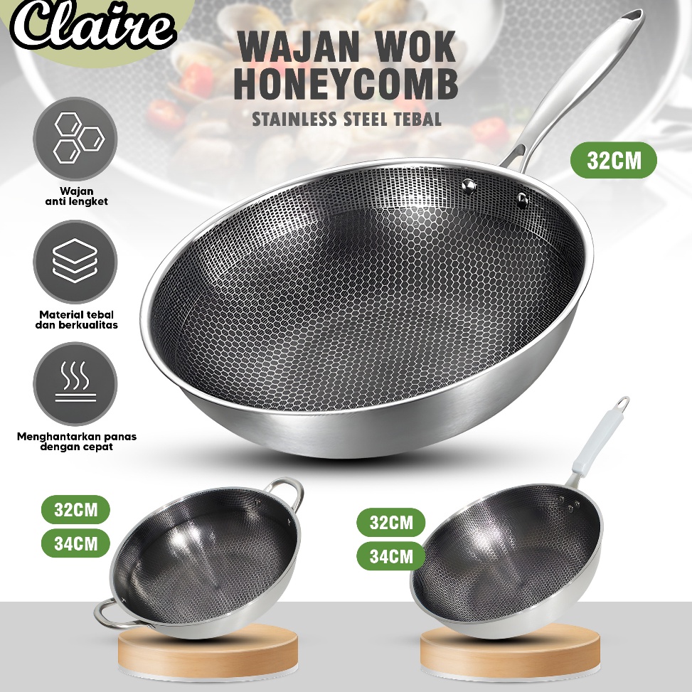 stok baru Wajan Wok Penggorengan Honeycomb Stainless steel Tebal Anti Lengket Diameter 32cm  34cm