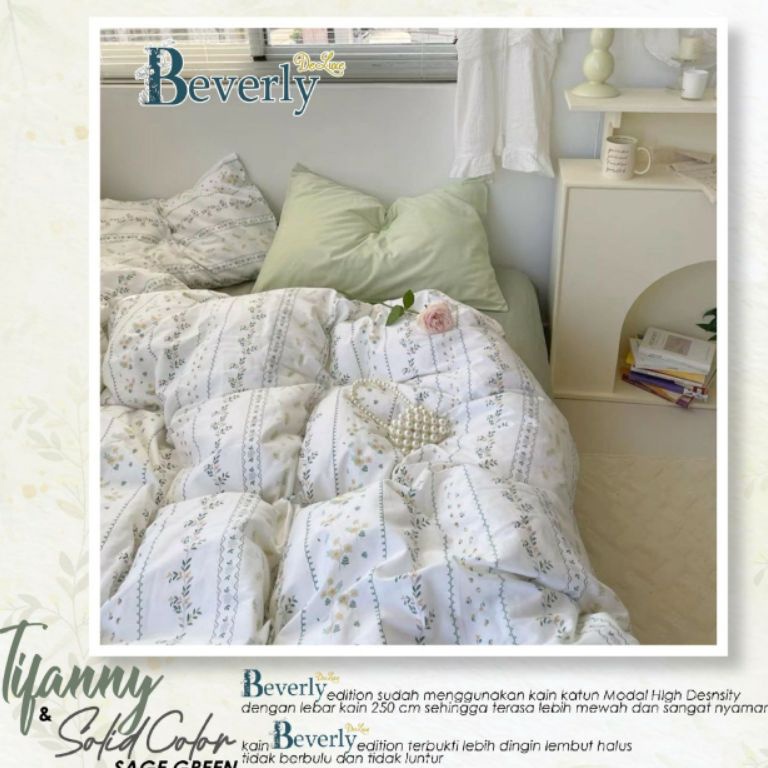 Viral Sprei anti geser katun beverly motif TIFFANY kombinasi bunga putih dan hijau