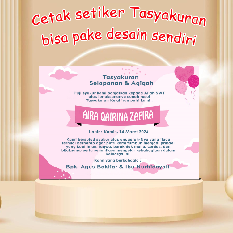 

cetak Kartu / Setiker Kartu label Tasyakuran Aqiqoh, Kelahiran anak, khitanan dan lain desain w1