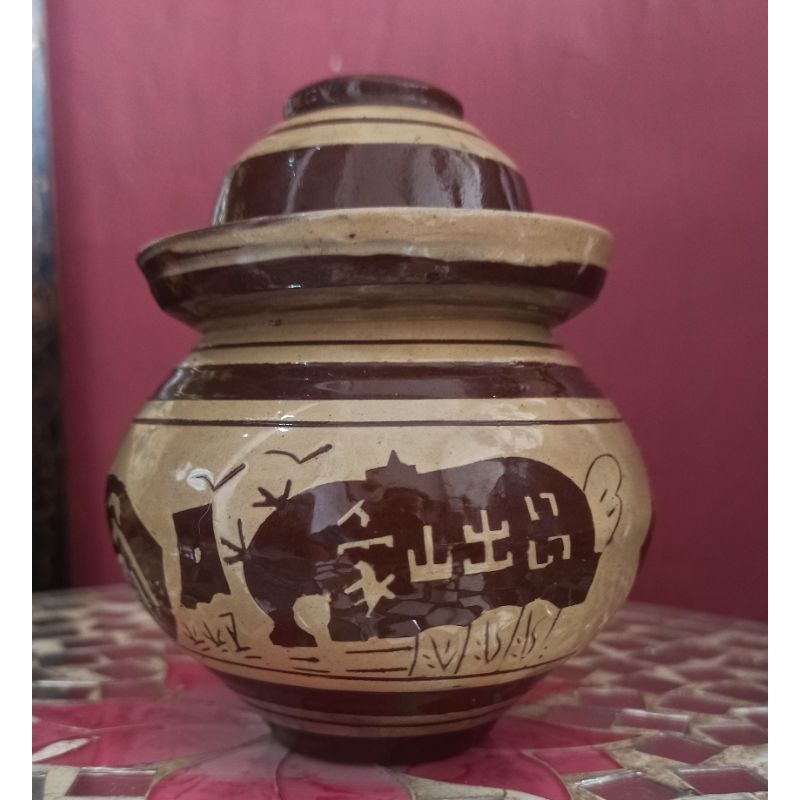 Guci Kuno keramik Teracotta Langka Gaya Iremono Tsubo Jepang  Antik dengan tutup T:12cm