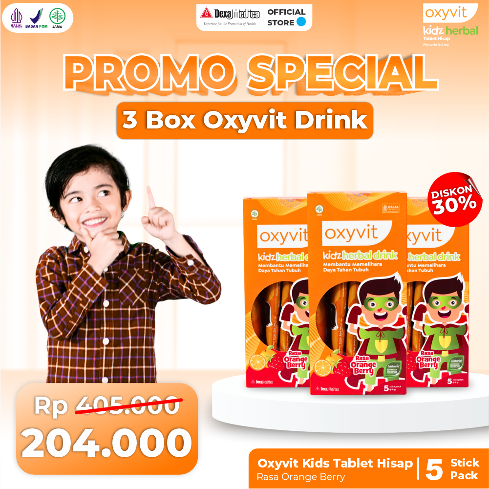 

(3 Box) Promo Special Oxyvit Kidz Herbal Drink - Menjaga Pernafasan & Kesehatan Anak @5 Stickpack Rasa Orange Berry