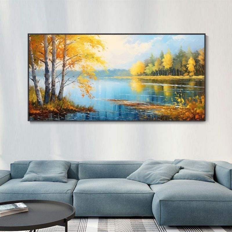 Lukisan dinding minimalis modern pemandangan hutan sungai untuk pajangan dinding rumah