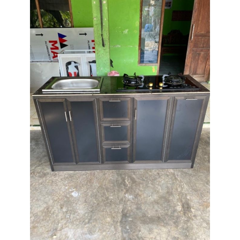 meja alumunium portable include wastafel+kompor