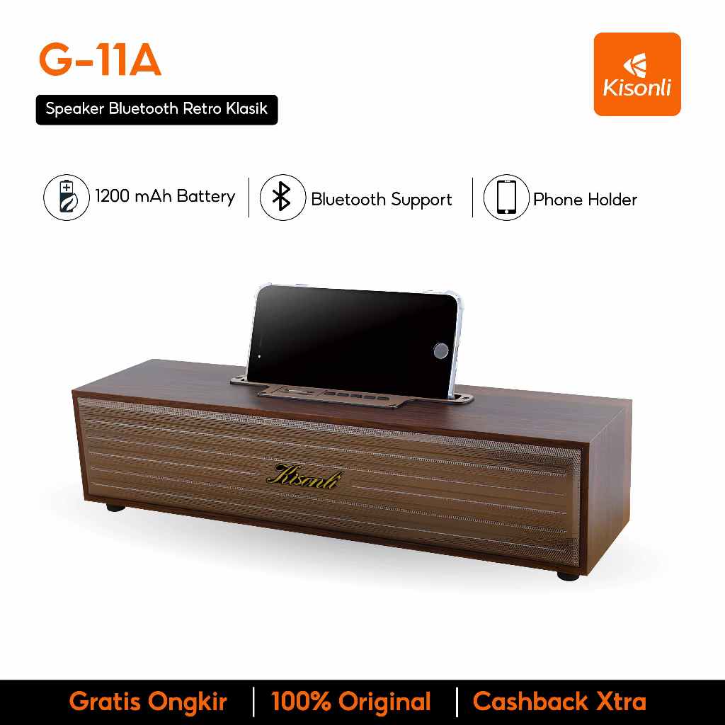 KISONLI - Speaker Bluetooth Retro Klasik Bahan Kayu Asli Memiliki Phone Holder G-11A