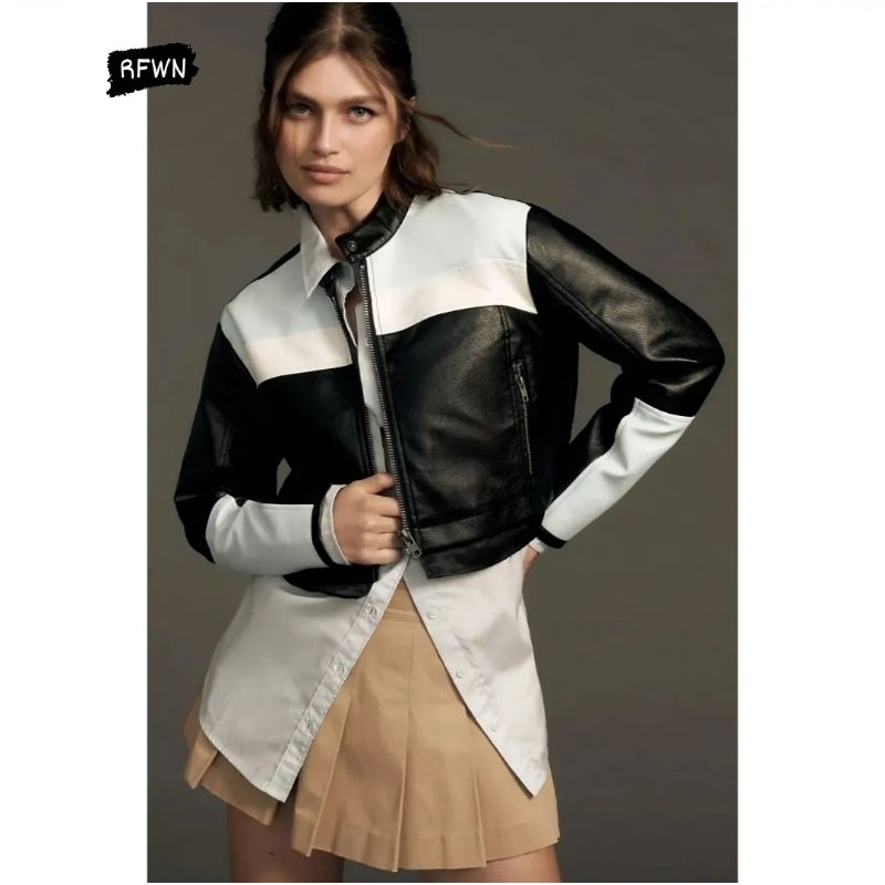 CHI RF Jaket crop wanita kulit PU bikers warna kombinasi hitam/putih