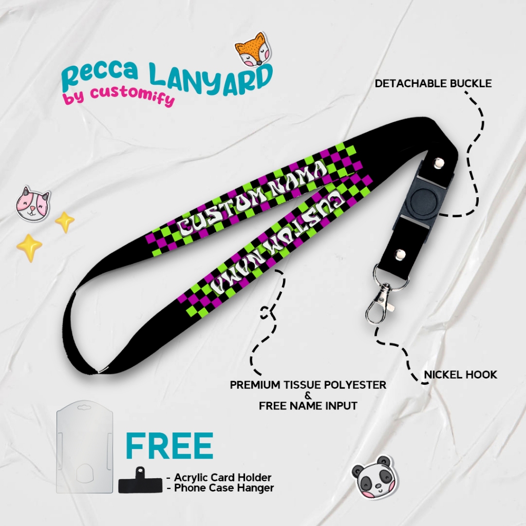 

Recca Lanyard Custom Nama Satuan Mozaik Edition Pink Lime Tali Gantungan Card Holder Phone Strap Murah