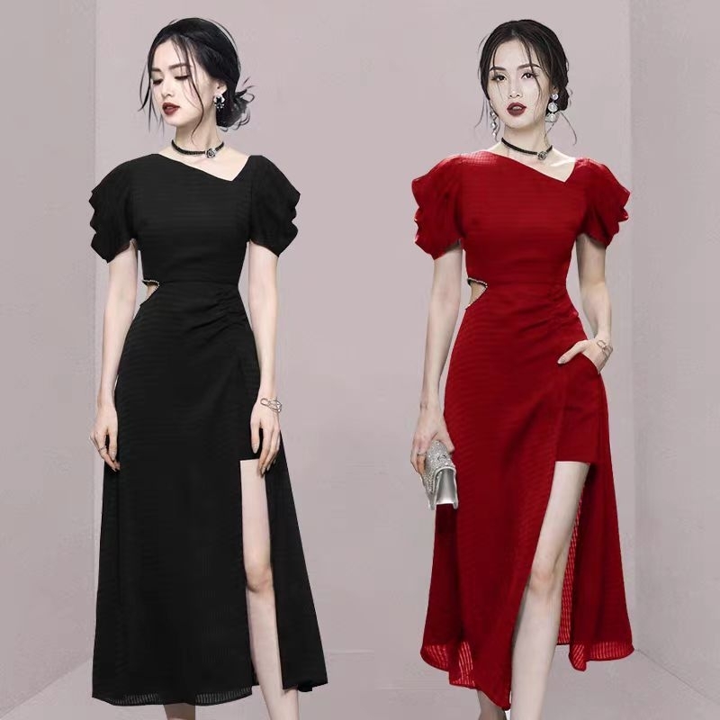 dress slit flare dress asymetris sabrina black hitam casual classic vintage acara pesta wedding part