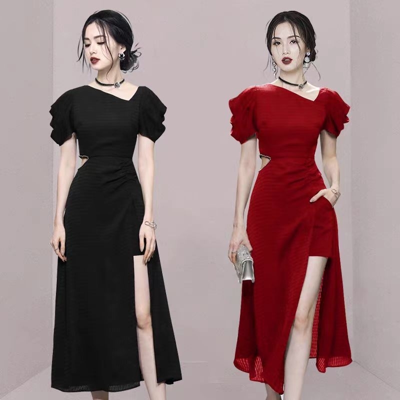 dress slit flare dress asymetris sabrina black hitam casual classic vintage acara pesta wedding party event cocktail singer opening birthday seventeen korean cute dress