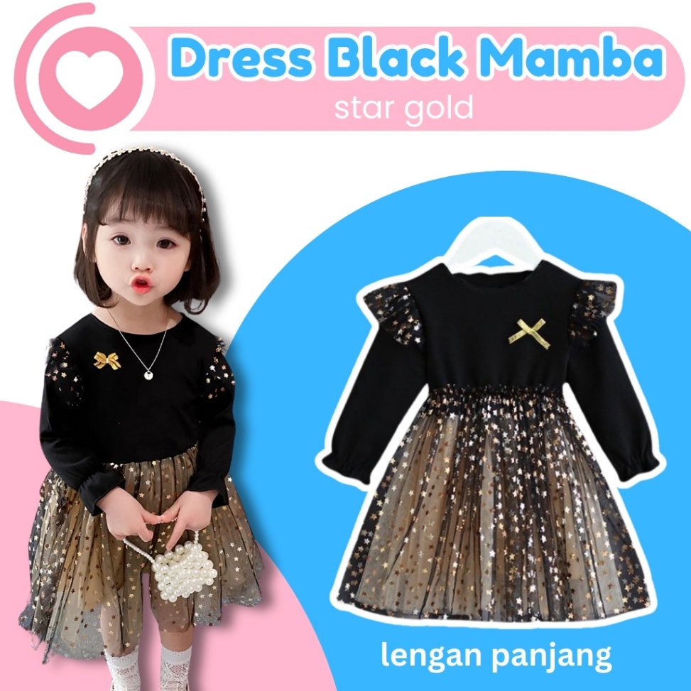 LANGSUNG ATC Lentera Anak 7 Tahun Dress Anak Pesta Black Mamba Star Gold Long Perempuan Gaun Hitam R