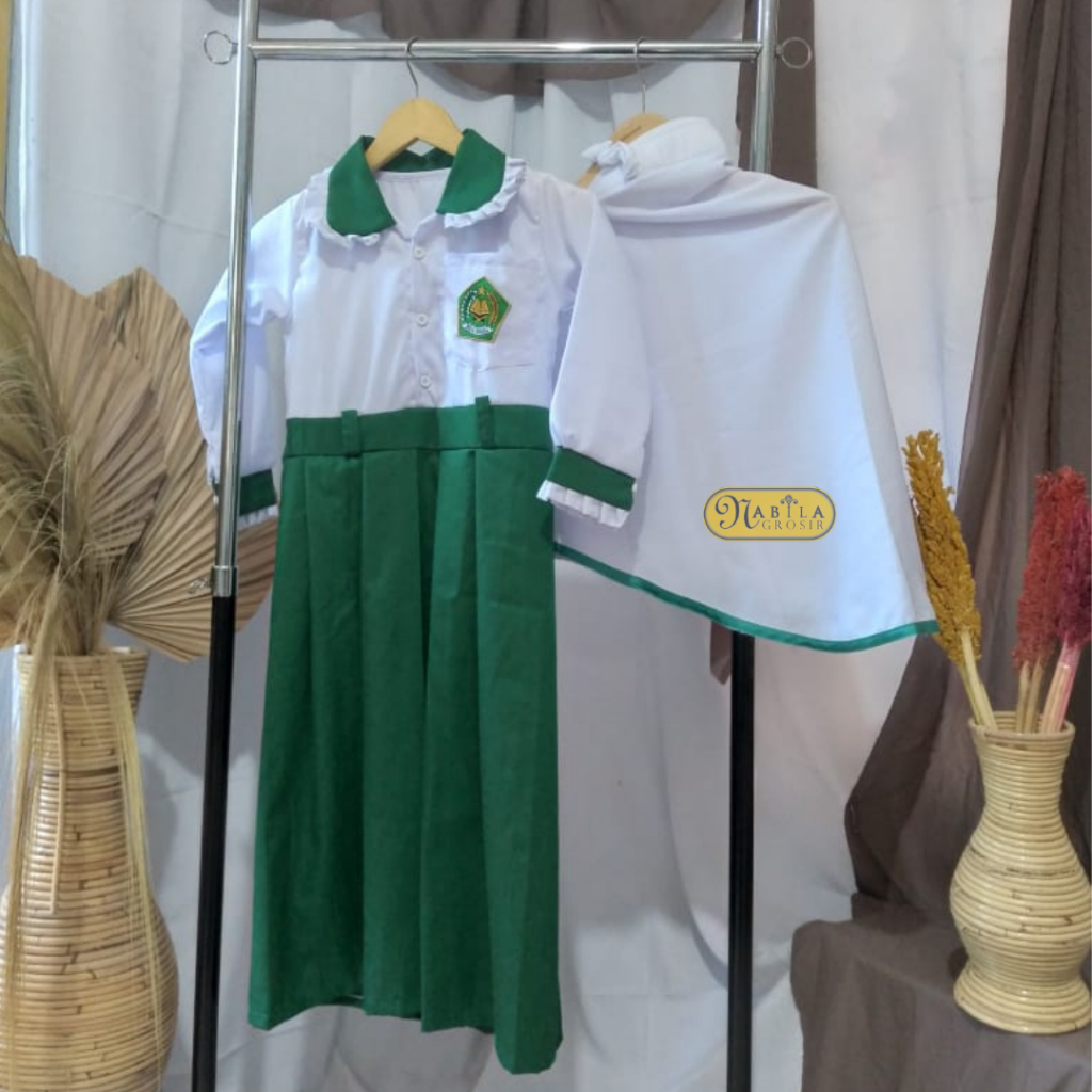 BAJU SERAGAM SEKOLAH SYARII SD MODEL GAMIS KEKINIAN FULL SET SAMA HIJAB
