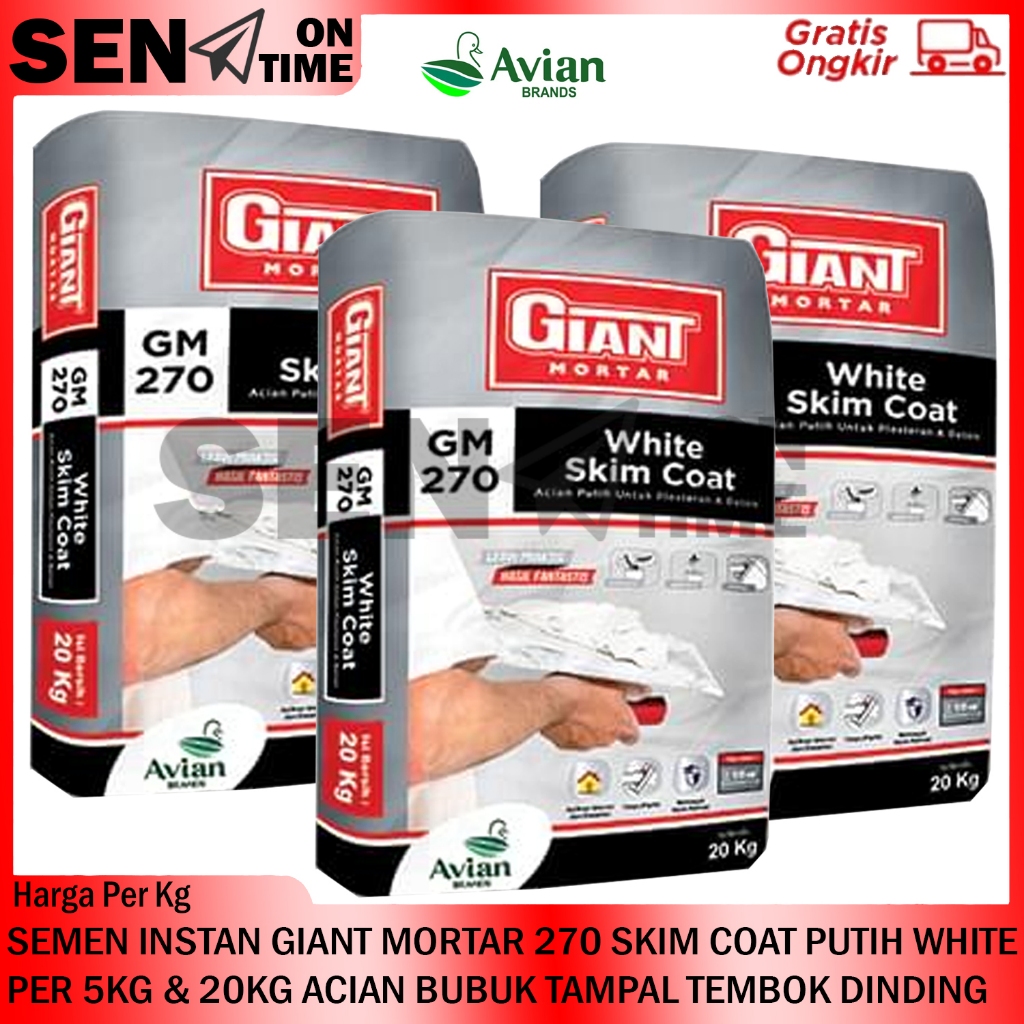 SEMEN INSTAN GIANT MORTAR 270 SKIM COAT PUTIH AVIAN PER 5KG & 20KG ACIAN BUBUK TAMPAL TEMBOK DINDING