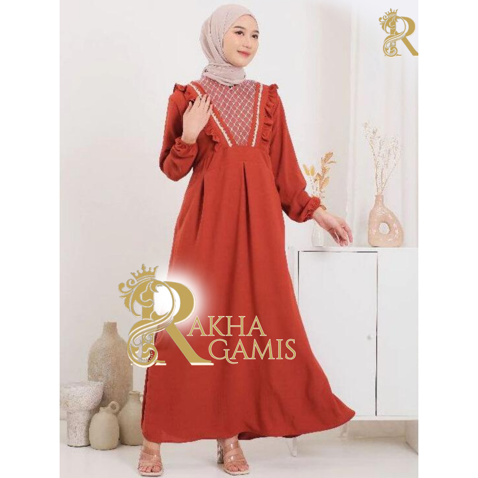 Gamis Brokat Cringkel Airflow | Yasmine Brokat - terakota - Coral - ORange - Merah Bata || PREMIUM |