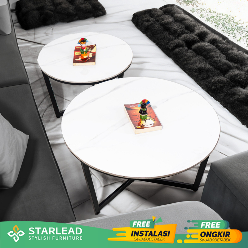 STARLEAD Meja Tamu Bulat Minimalis Mewah Batu Sinter Motif Marmer