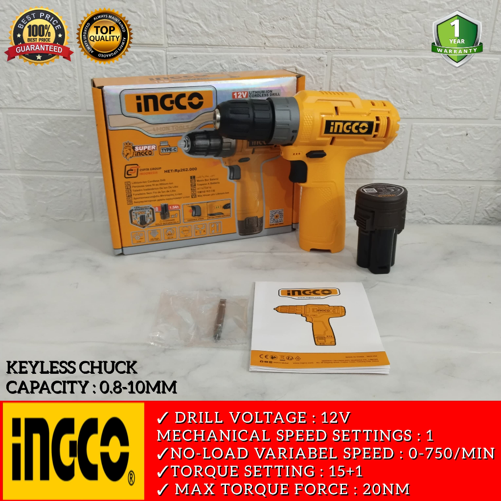 CDLI12422CG CORDLESS DRILL BOR BATERAI BESI KAYU 10mm 12V USB C INGCO BOR BATERAI INGCO 12V BESI KAY