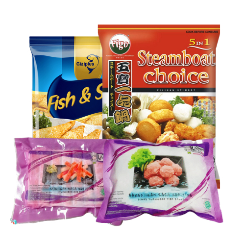 

PAKET 4 IN 1 FIGO STEAMBOAT 500GR + LICHUAN CRAB STICK 250GR + LICHUAN FISH BALL 200GR + GIZIPLUS FISH & SOY 500GR