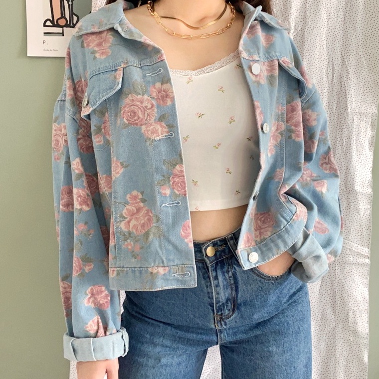 Terbaik MIA Floral Oversized Denim Jacket  READY Jaket denim bunga vintage wanita