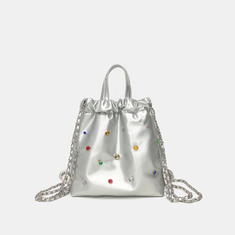 TERLARIS DMTS82 Tas Ransel Silver Metalik Manik Tali Rantai Permata Tas Wanita Korea Style Niche ita